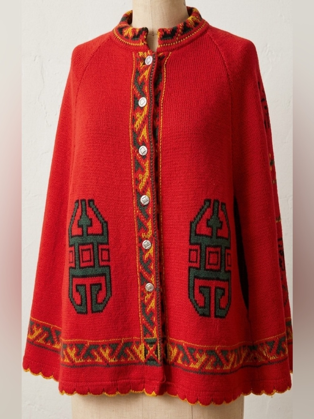 Vintage 70s Poncho Cape Red Knit Pagoda Folk